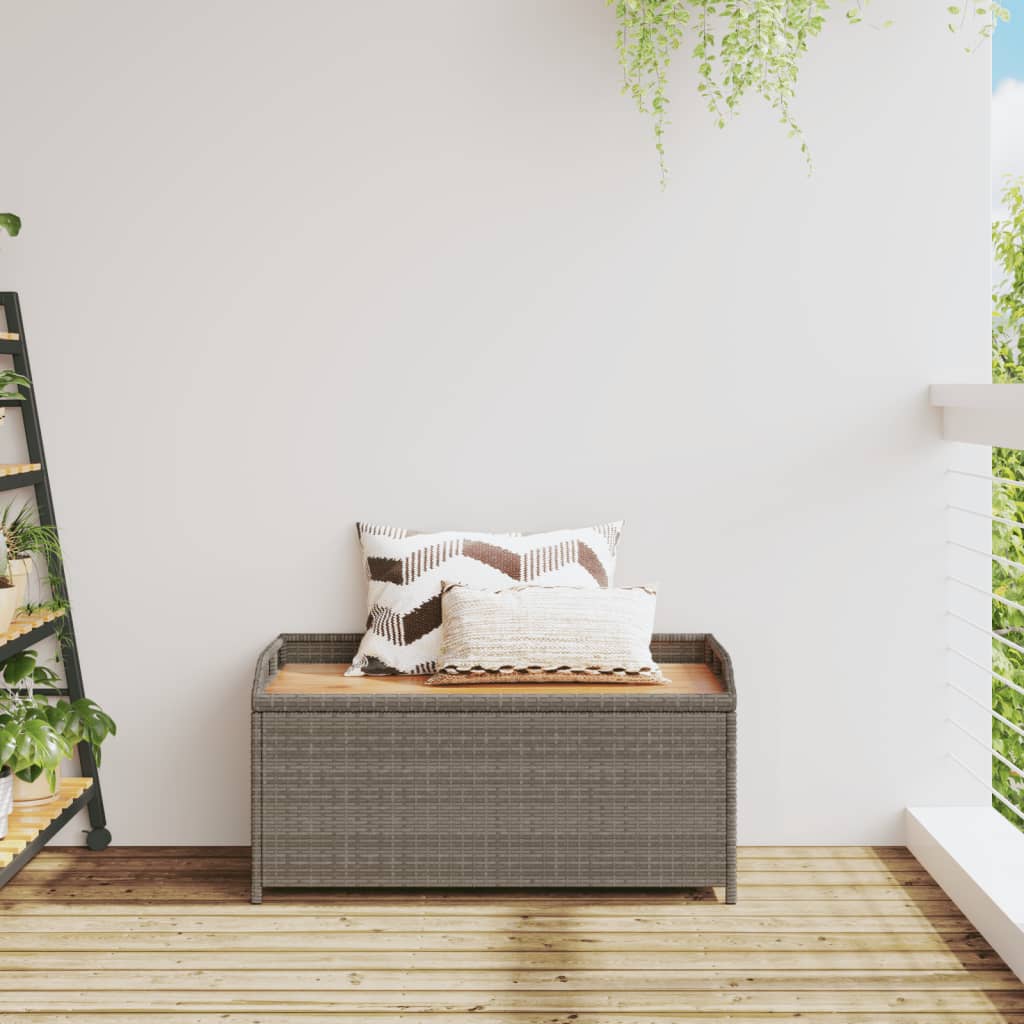 Grey Storage Bench 100x50x52 cm - Poly Rattan & Acacia Wood