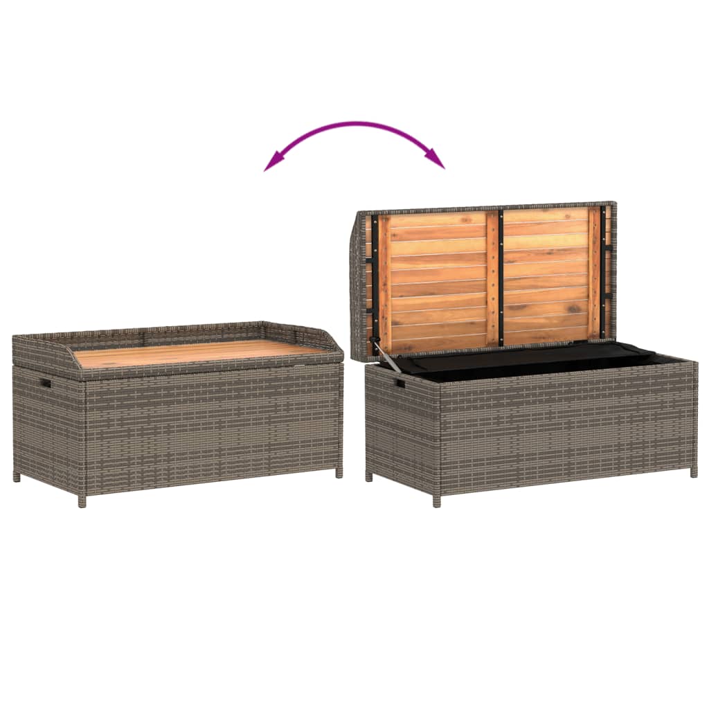 Grey Storage Bench 100x50x52 cm - Poly Rattan & Acacia Wood