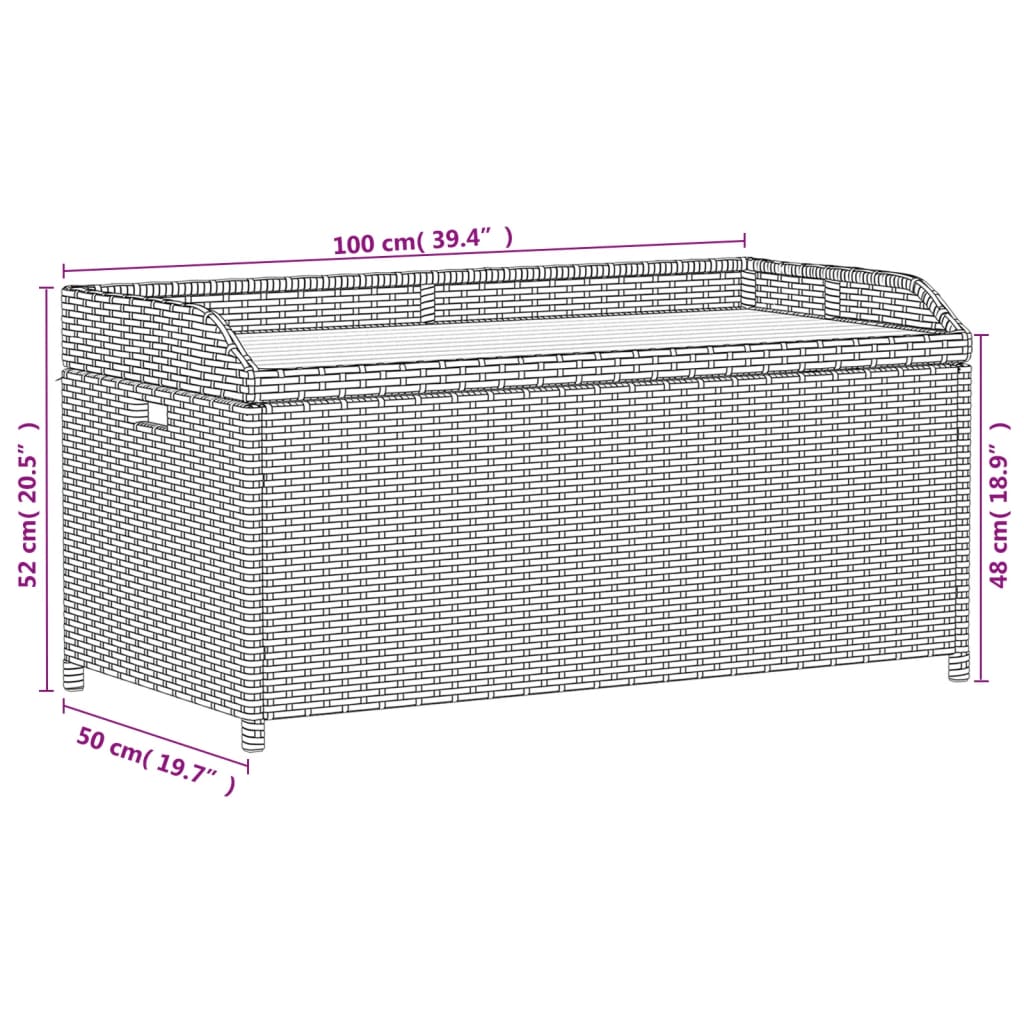 Grey Storage Bench 100x50x52 cm - Poly Rattan & Acacia Wood