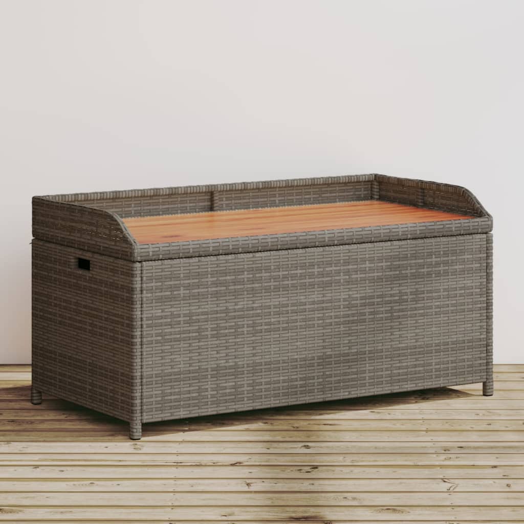 Grey Storage Bench 100x50x52 cm - Poly Rattan & Acacia Wood