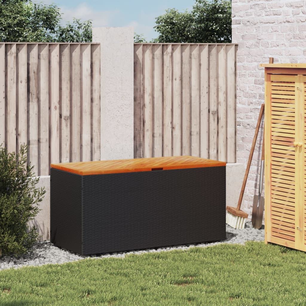 Black Poly Rattan & Acacia Garden Storage Box 110x50x54 cm
