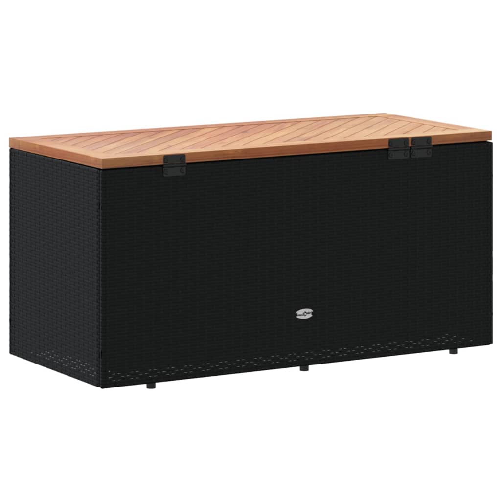 Black Poly Rattan & Acacia Garden Storage Box 110x50x54 cm
