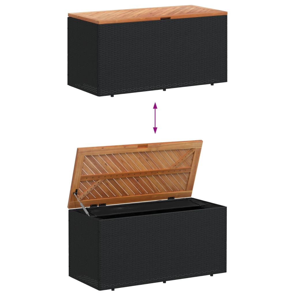 Black Poly Rattan & Acacia Garden Storage Box 110x50x54 cm