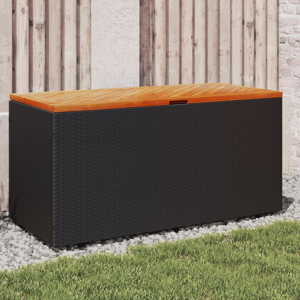 Black Poly Rattan & Acacia Garden Storage Box 110x50x54 cm