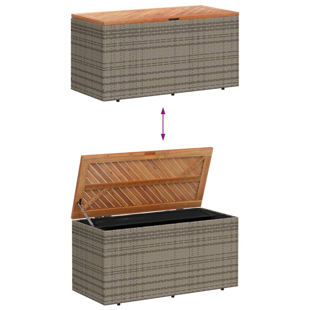 Grey Poly Rattan & Acacia Wood Garden Storage Box 110x50x54 cm