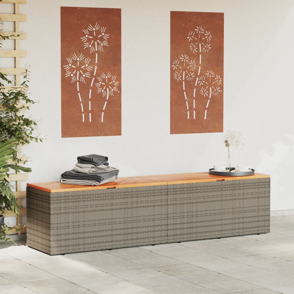 Grey Poly Rattan & Acacia Wood Garden Storage Box 220x50x54 cm