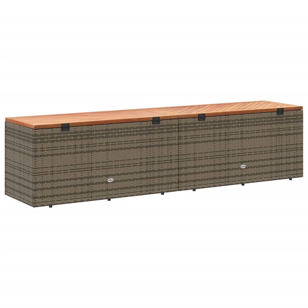 Grey Poly Rattan & Acacia Wood Garden Storage Box 220x50x54 cm