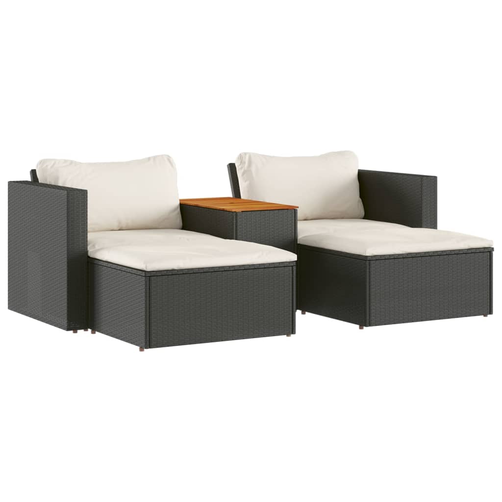 5-Piece Black Rattan Garden Sofa Set w/ Cushions & Acacia