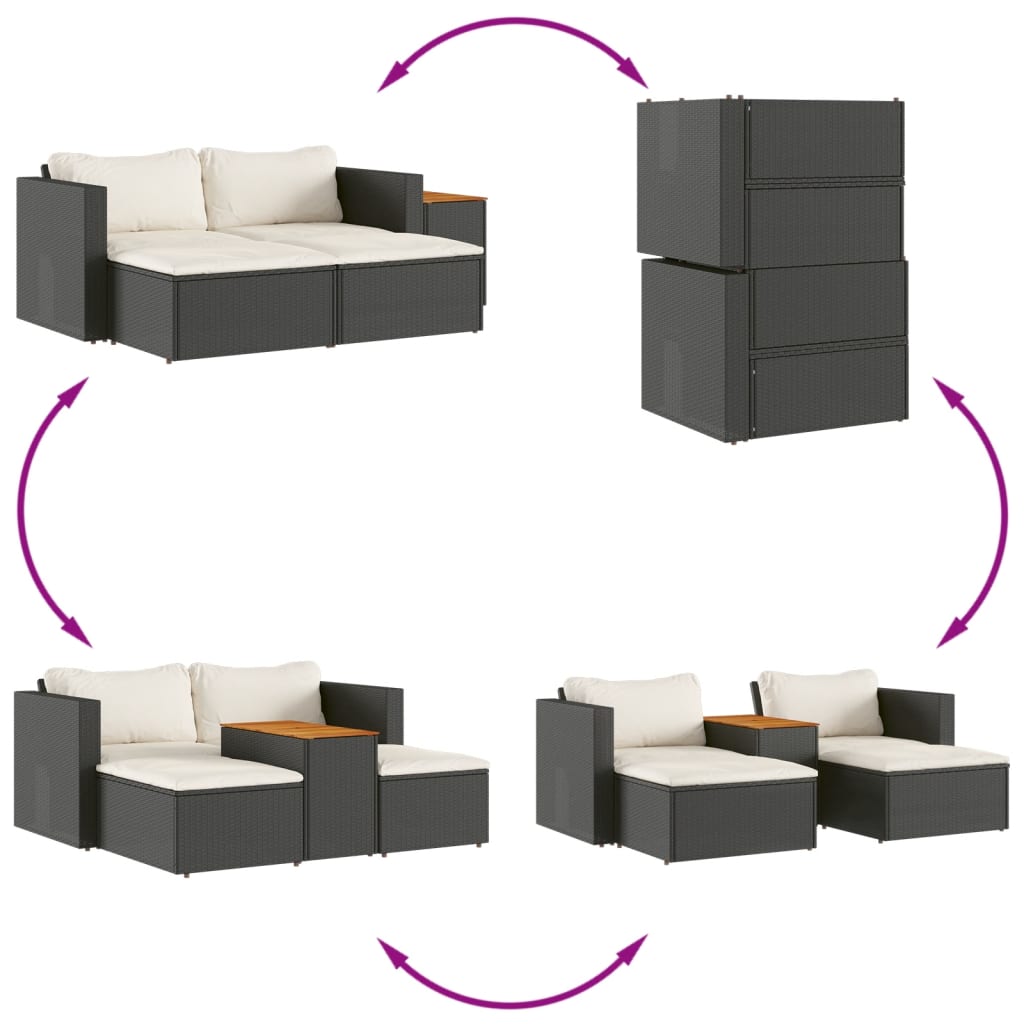 5-Piece Black Rattan Garden Sofa Set w/ Cushions & Acacia