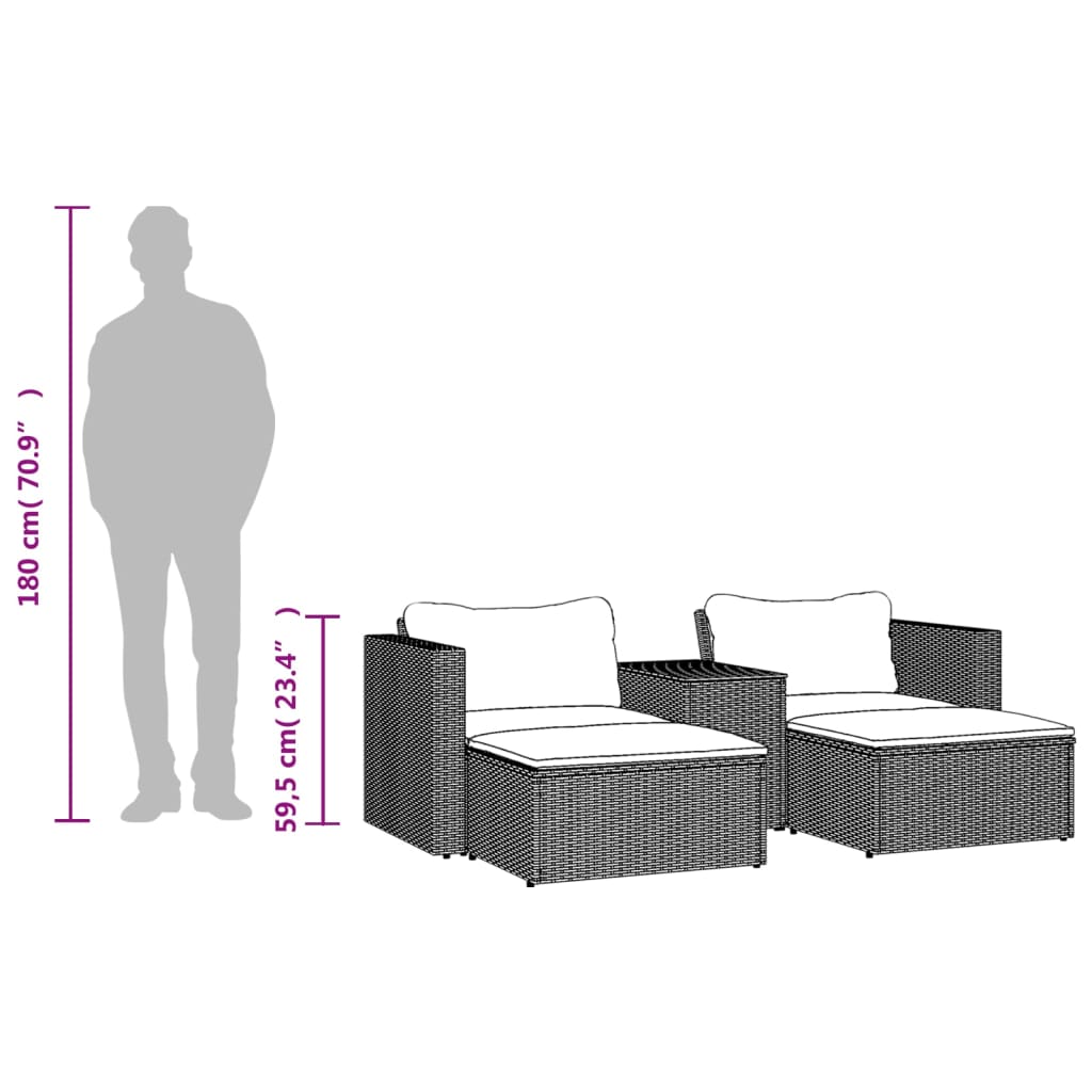 5-Piece Black Rattan Garden Sofa Set w/ Cushions & Acacia