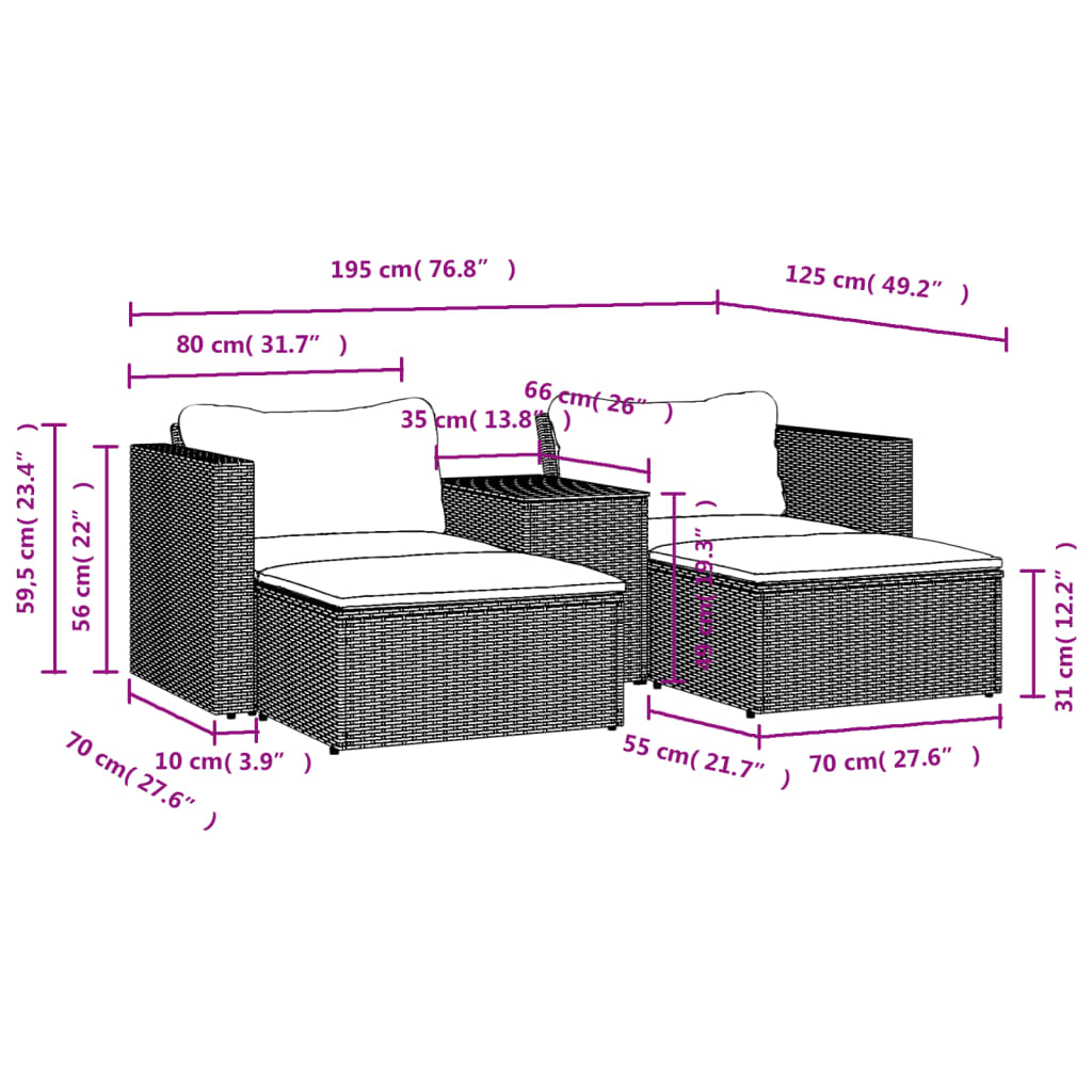 5-Piece Black Rattan Garden Sofa Set w/ Cushions & Acacia