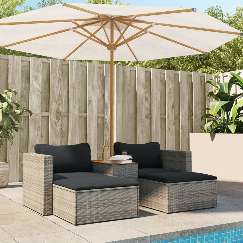 5 Piece Grey Poly Rattan & Acacia Garden Sofa Set with Cushions