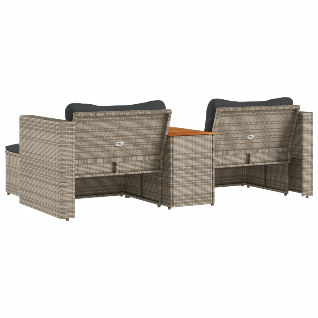 5 Piece Grey Poly Rattan & Acacia Garden Sofa Set with Cushions