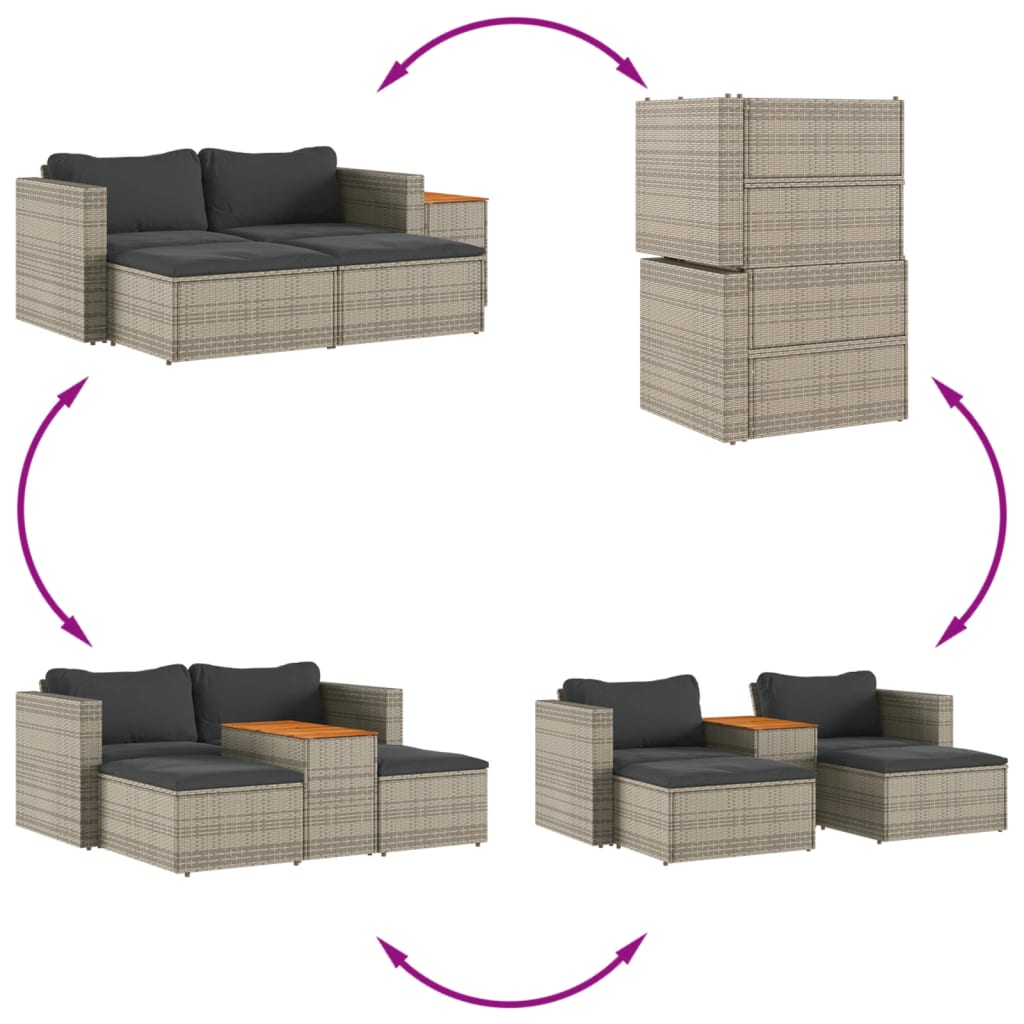 5 Piece Grey Poly Rattan & Acacia Garden Sofa Set with Cushions