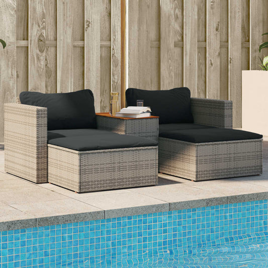 5 Piece Grey Poly Rattan & Acacia Garden Sofa Set with Cushions