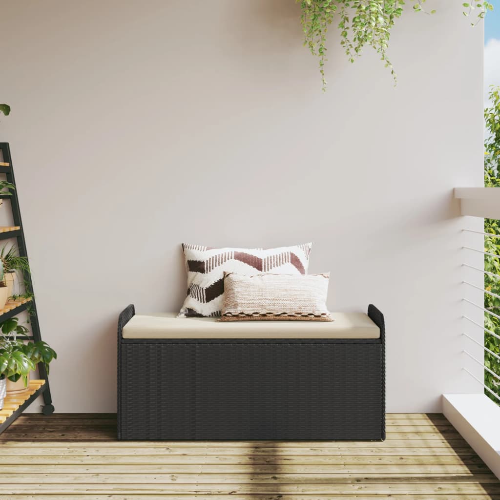 Black Poly Rattan Storage Bench with Cushion 115x51x52 cm