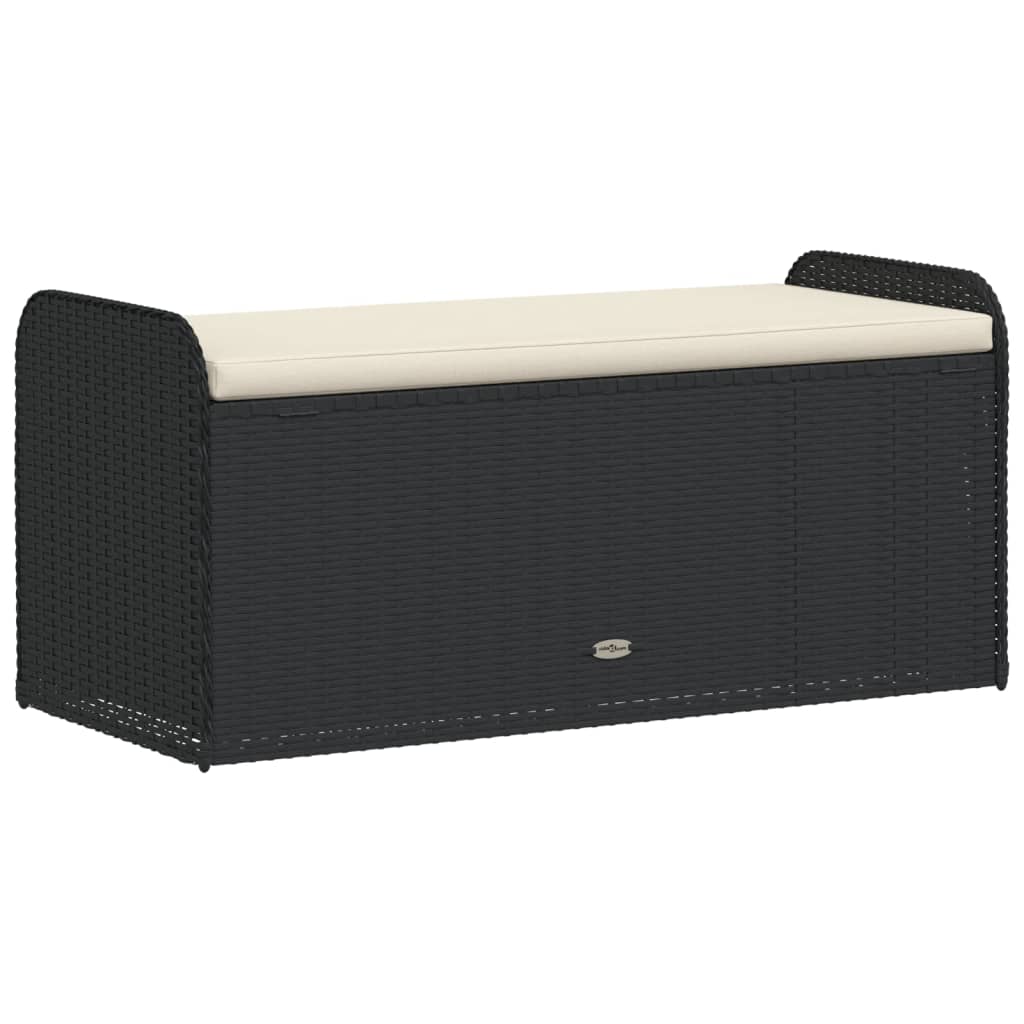 Black Poly Rattan Storage Bench with Cushion 115x51x52 cm
