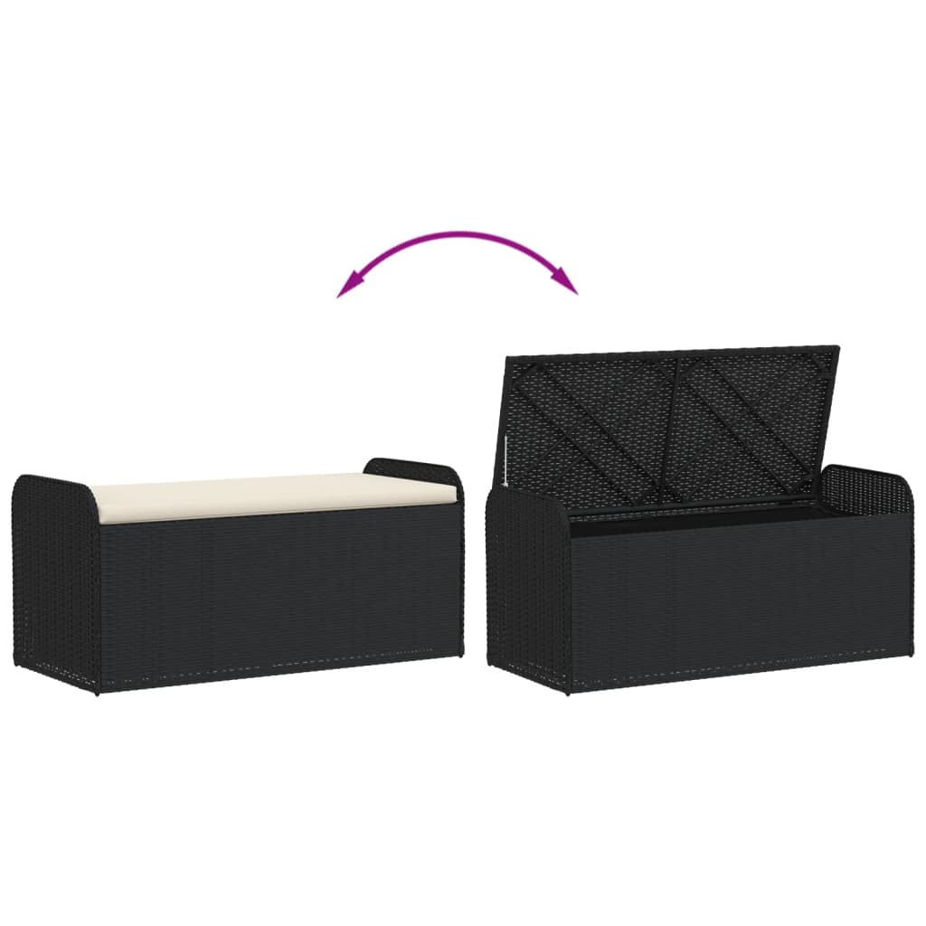 Black Poly Rattan Storage Bench with Cushion 115x51x52 cm
