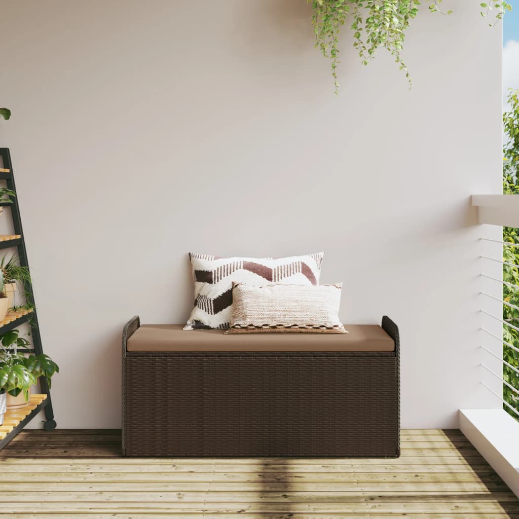 Brown Poly Rattan Storage Bench with Cushion - 115x51x52 cm