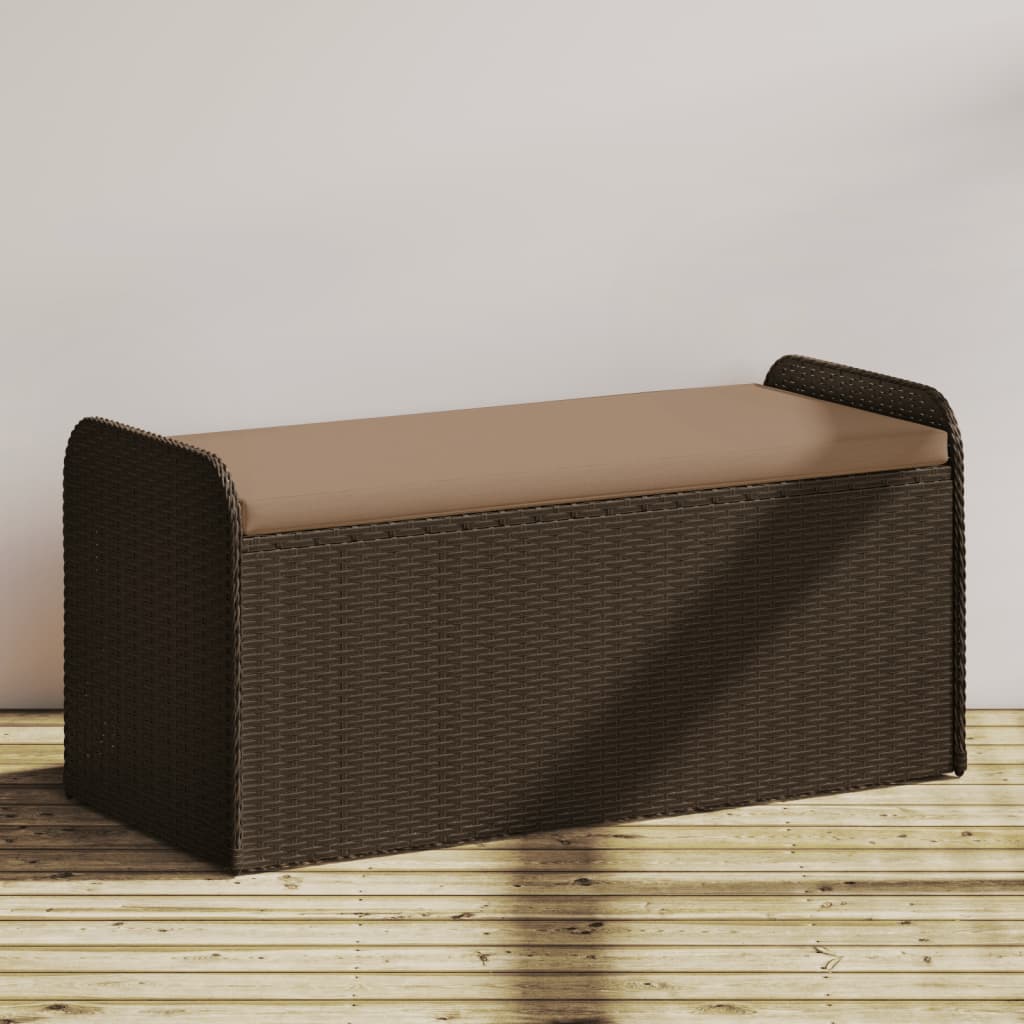 Brown Poly Rattan Storage Bench with Cushion - 115x51x52 cm