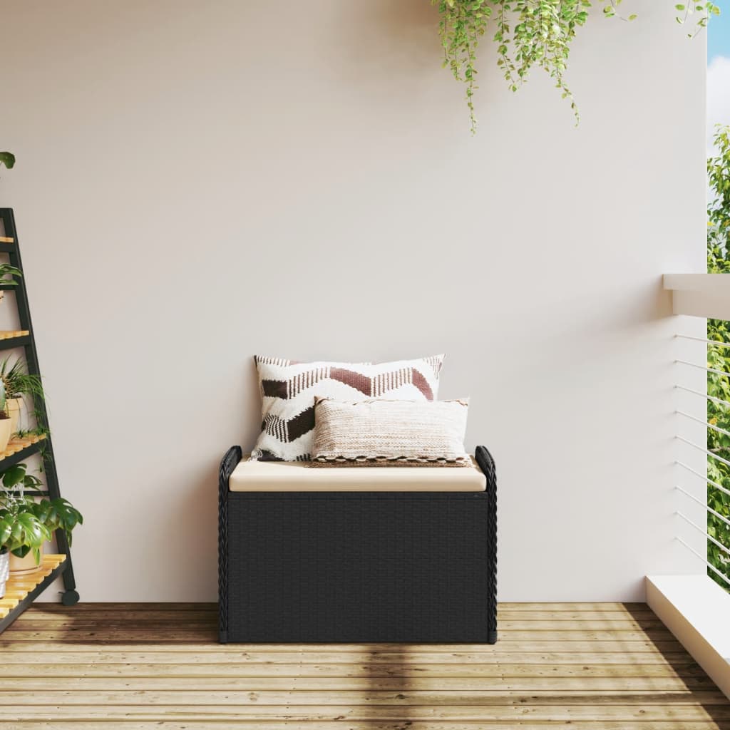 Black Poly Rattan Storage Bench with Cushion 80x51x52 cm