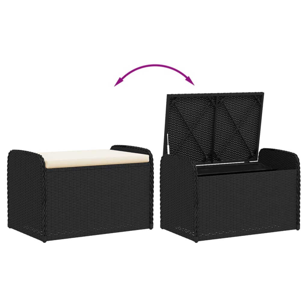 Black Poly Rattan Storage Bench with Cushion 80x51x52 cm