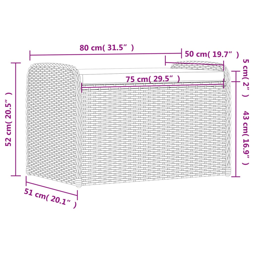 Black Poly Rattan Storage Bench with Cushion 80x51x52 cm