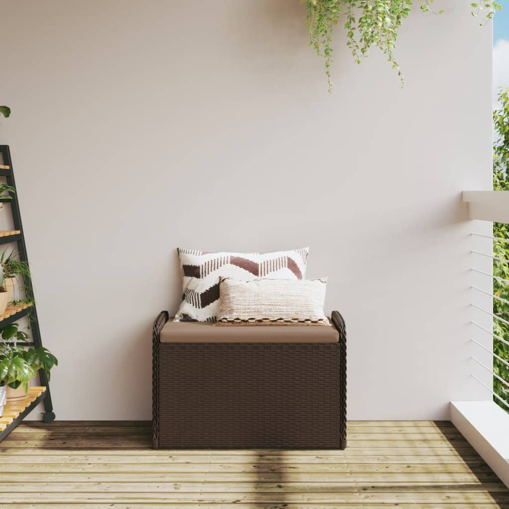 Brown Poly Rattan Storage Bench with Cushion - 80x51x52 cm