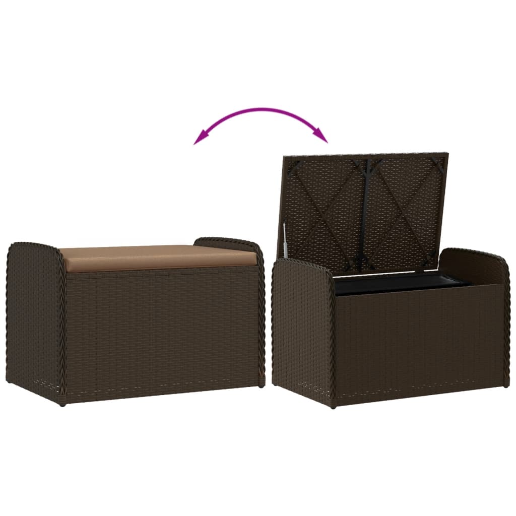 Brown Poly Rattan Storage Bench with Cushion - 80x51x52 cm