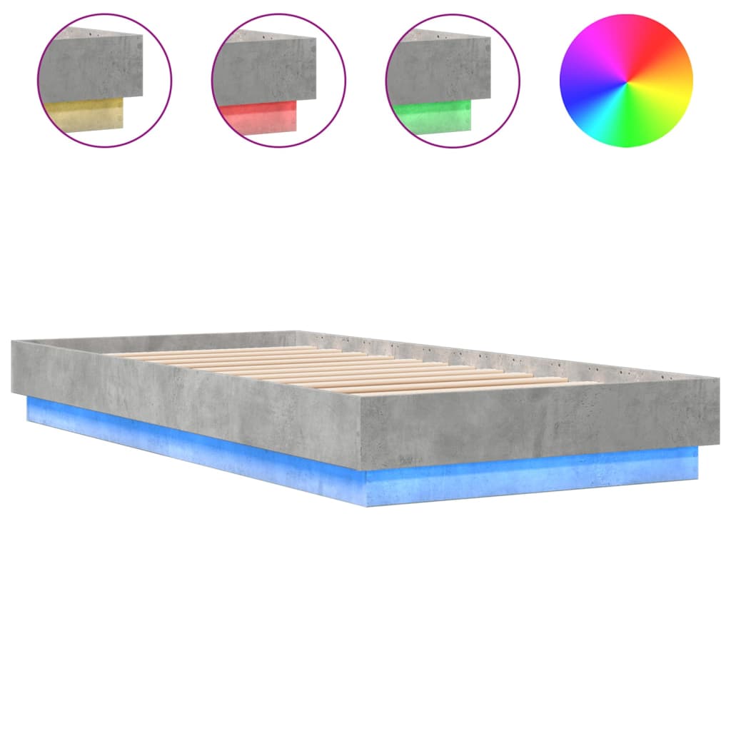 Concrete Grey Bed Frame with LED Lights, 100x200 cm