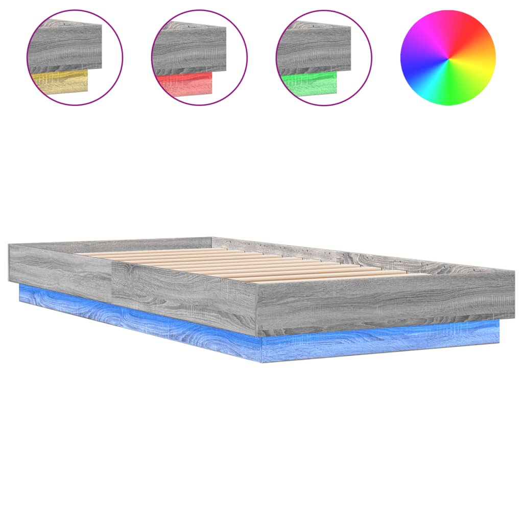 Grey Sonoma Bed Frame with LED Lights - 90x200 cm, No Mattress