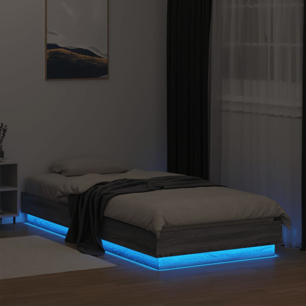 Grey Sonoma Bed Frame with LED Lights - 90x200 cm, No Mattress