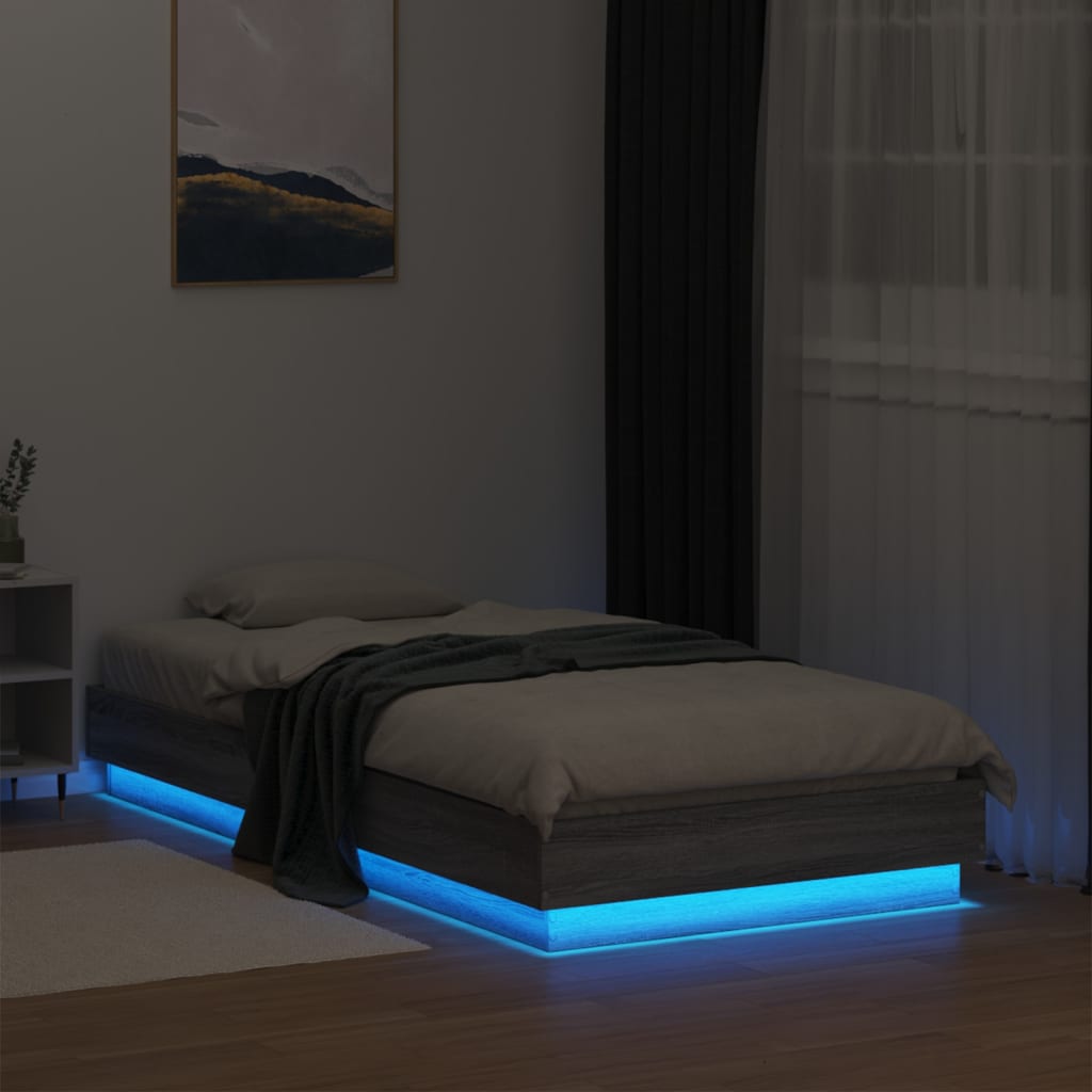 Grey Sonoma Wooden Bed Frame with LED Lights, 90x190 cm Single