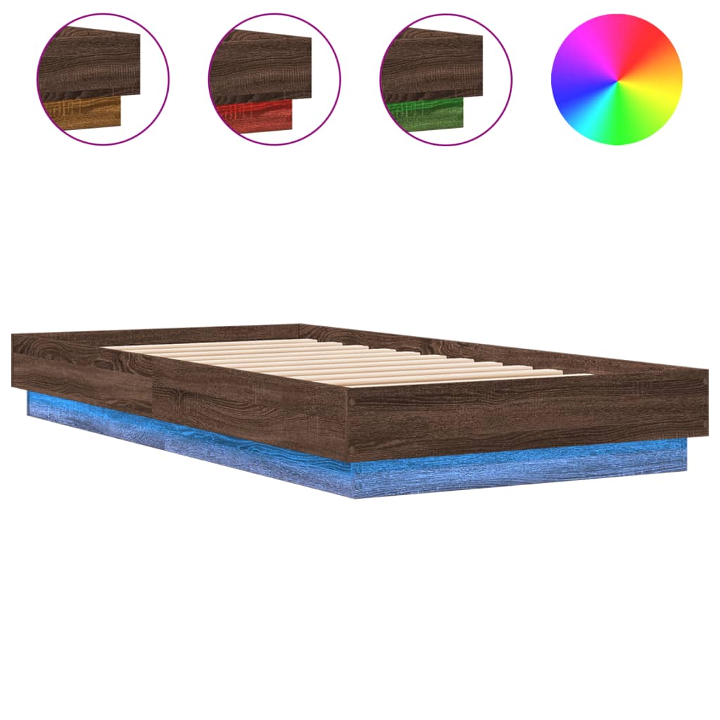 Brown Oak Bed Frame w/ LED Lights 90x190 cm - Single Size