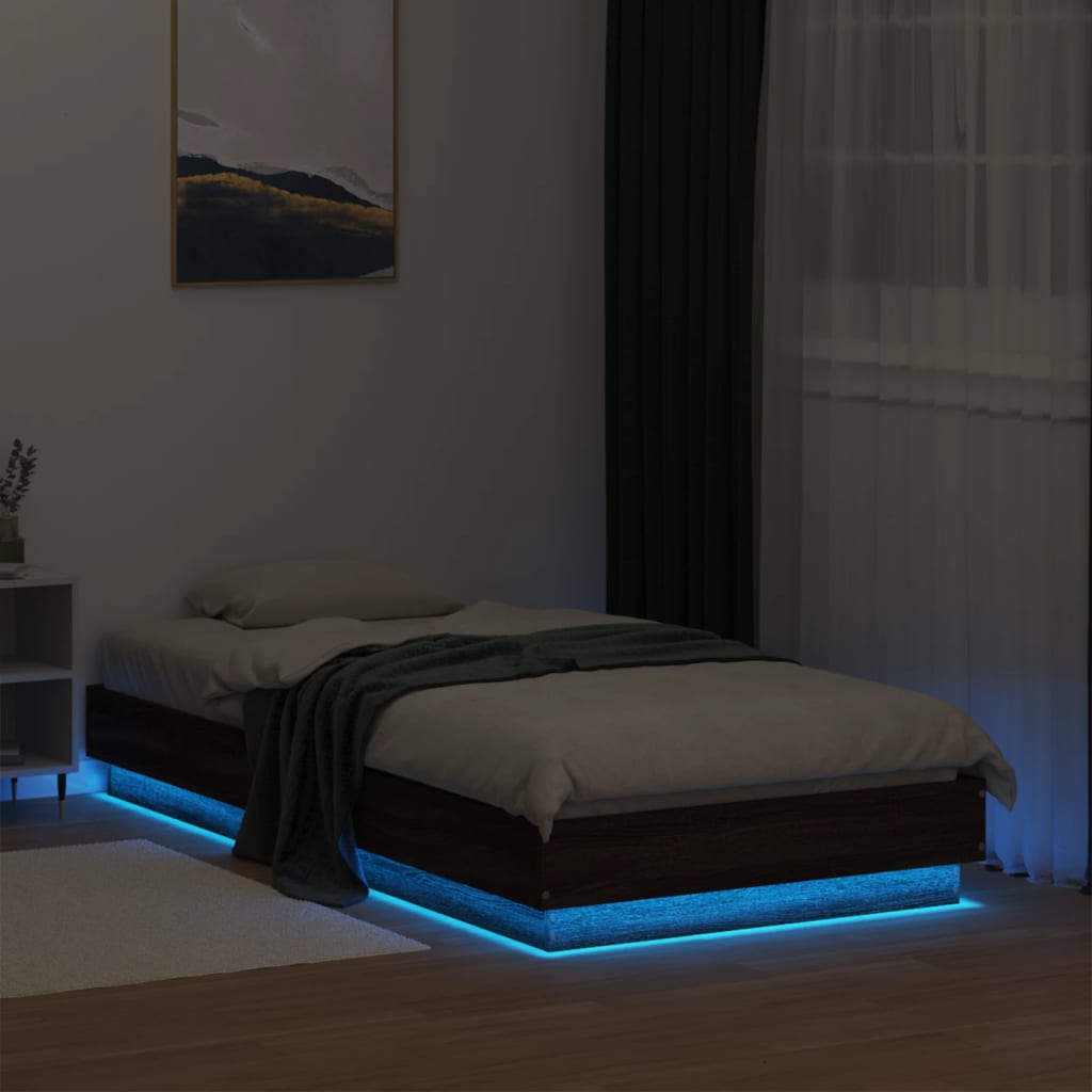 Brown Oak Bed Frame w/ LED Lights 90x190 cm - Single Size