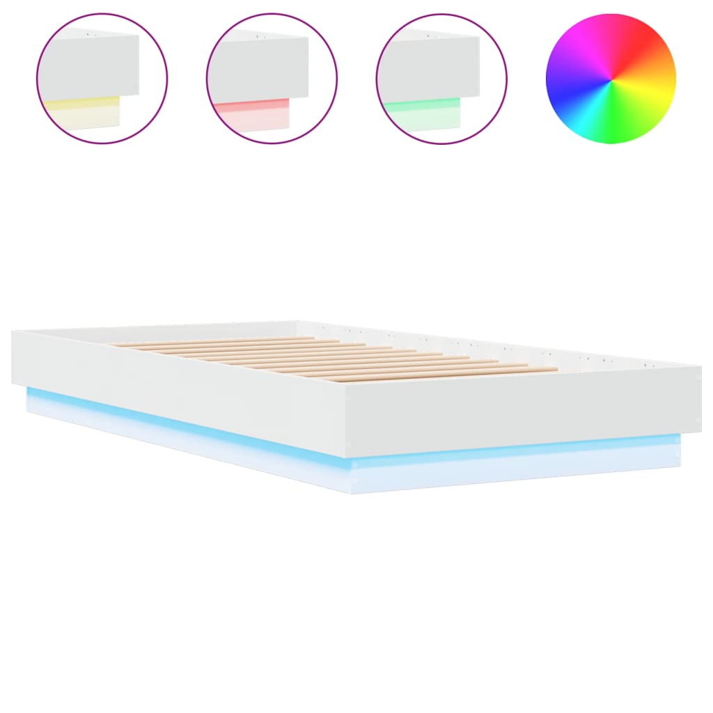 White Small Single Bed Frame with LED Lights, 75x190 cm