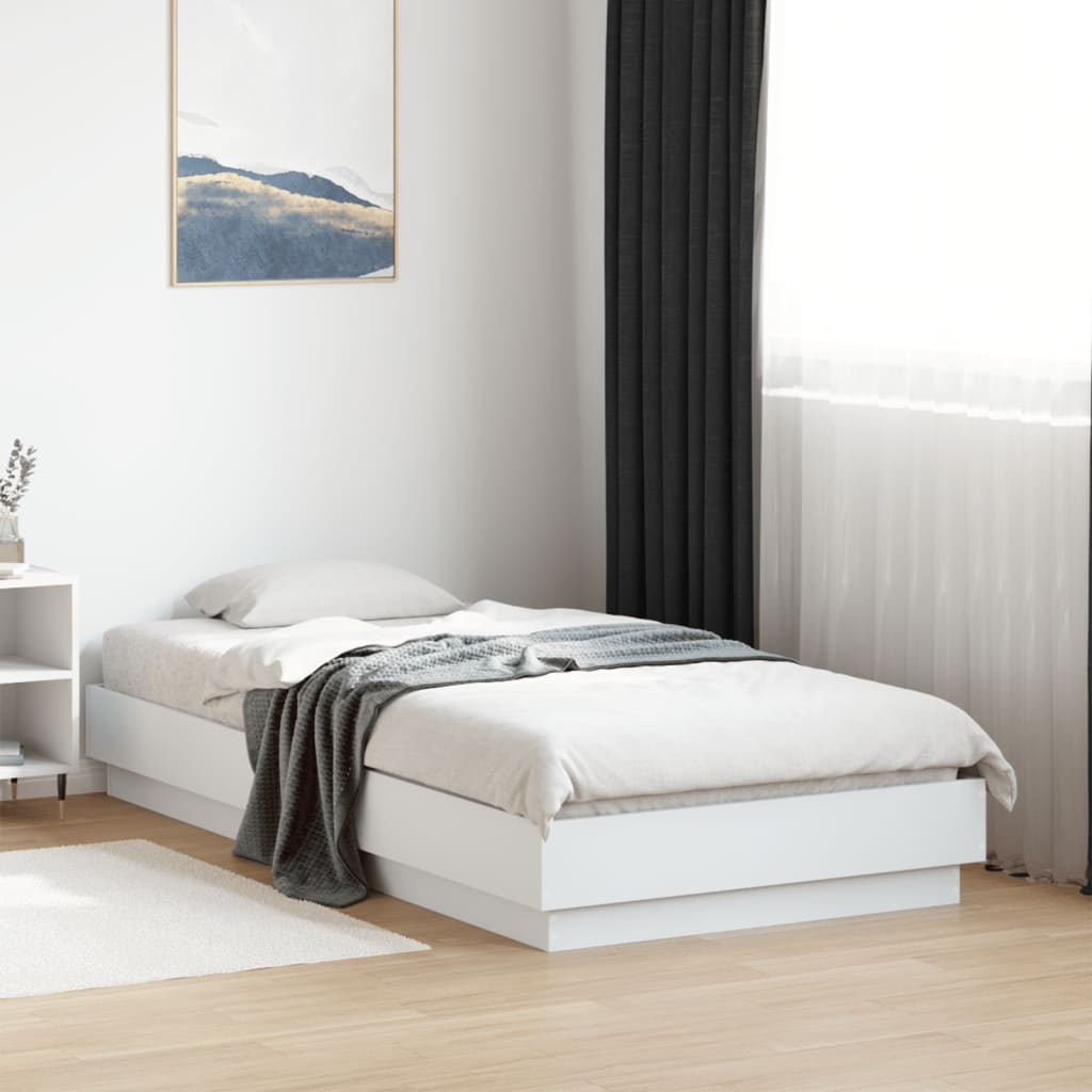 White Small Single Bed Frame with LED Lights, 75x190 cm