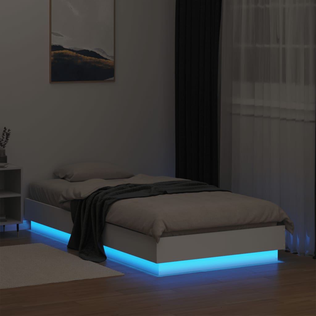 White Small Single Bed Frame with LED Lights, 75x190 cm