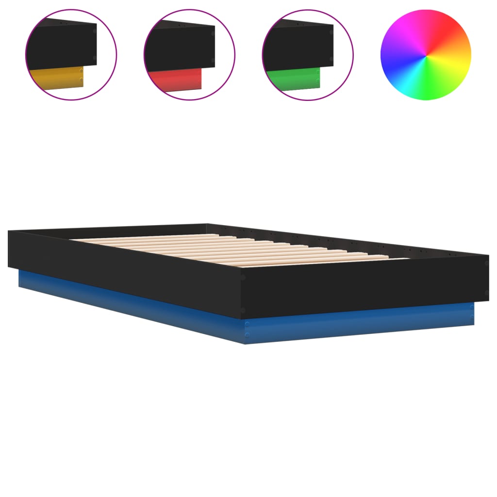 Black Metal Bed Frame with LED Lights - Small Single 75x190 cm