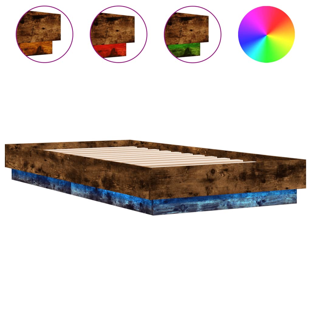 Small Single Smoked Oak Bed Frame with LED Lights, 75x190 cm
