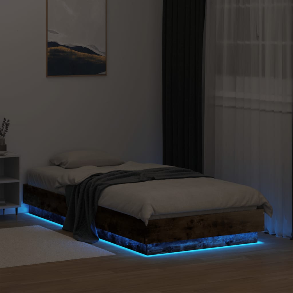 Small Single Smoked Oak Bed Frame with LED Lights, 75x190 cm