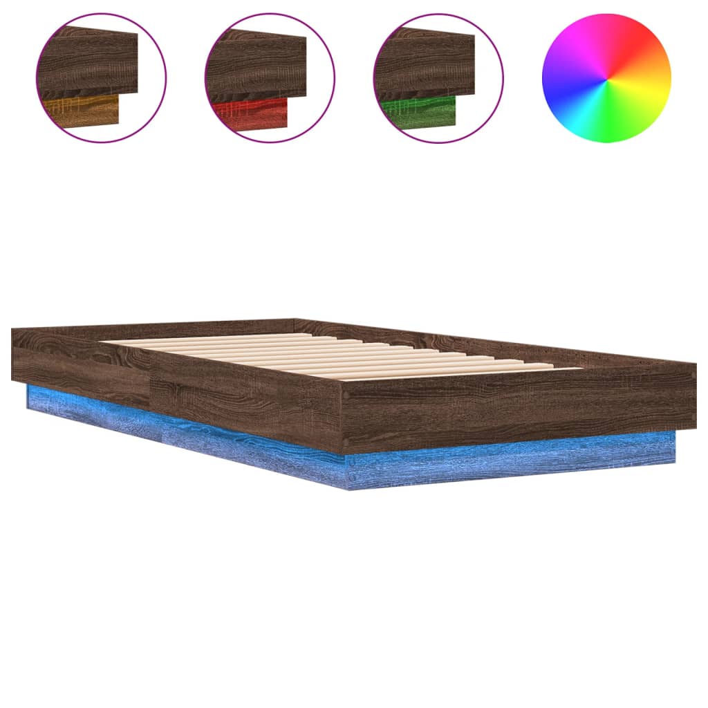 Brown Oak Bed Frame w/ LED Lights, 75x190cm Small Single, No Mattress