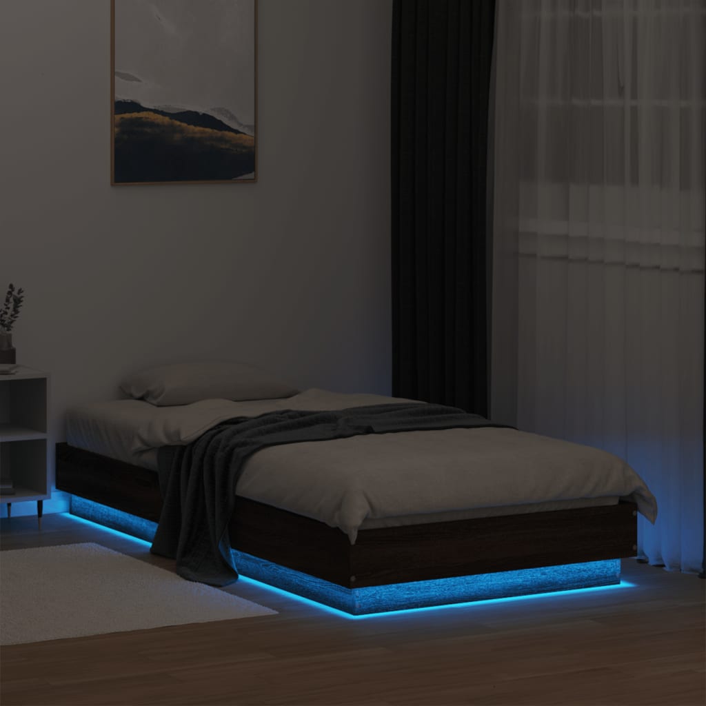 Brown Oak Bed Frame w/ LED Lights, 75x190cm Small Single, No Mattress