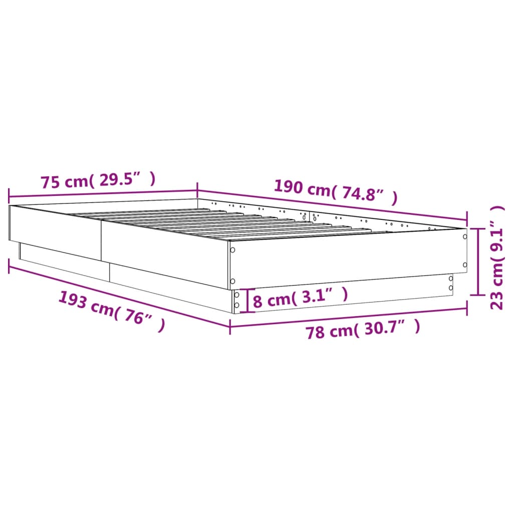 Smoked Oak Small Single Bed Frame 75x190 cm - Engineered Wood
