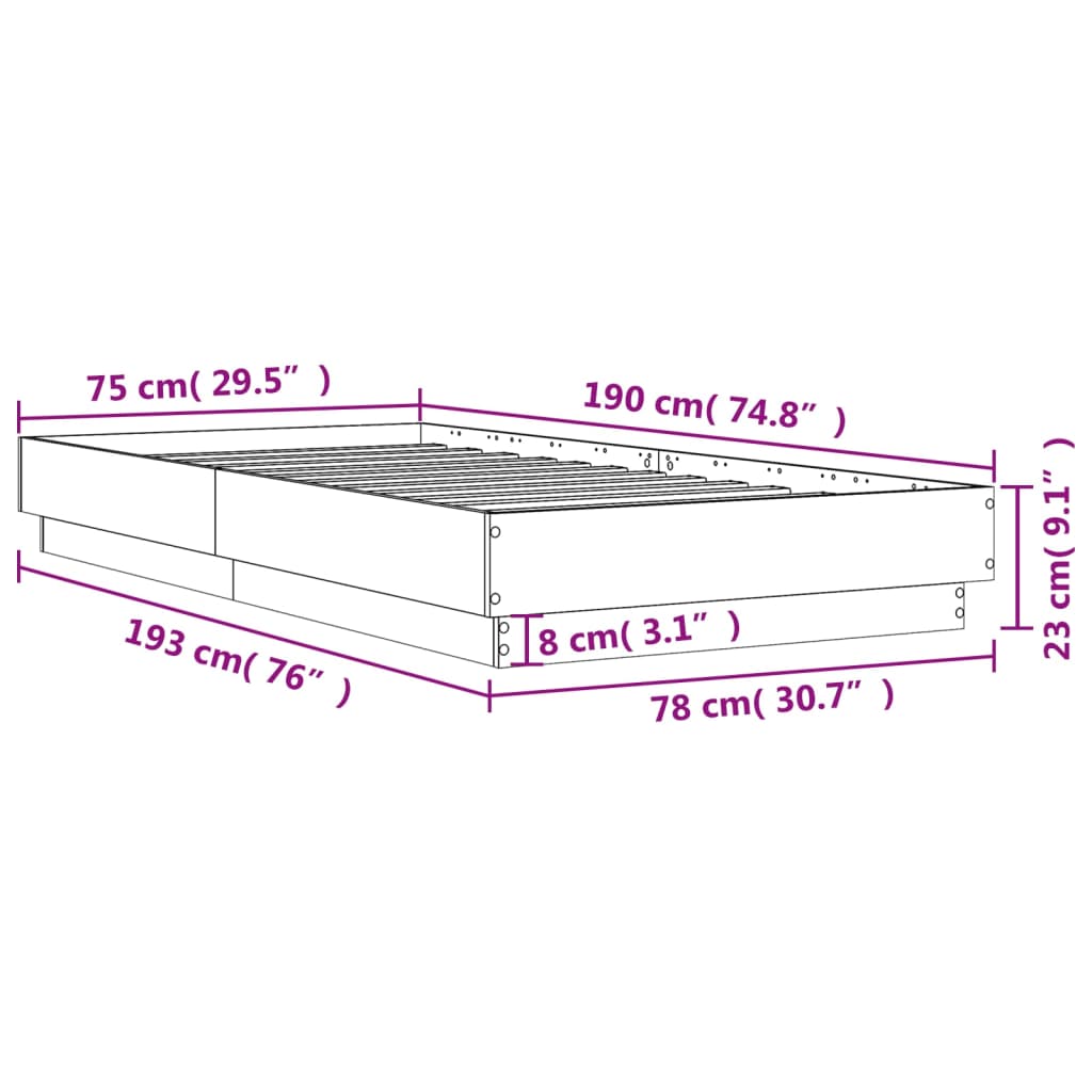 Brown Oak Engineered Wood Bed Frame - 75x190 cm Small Single