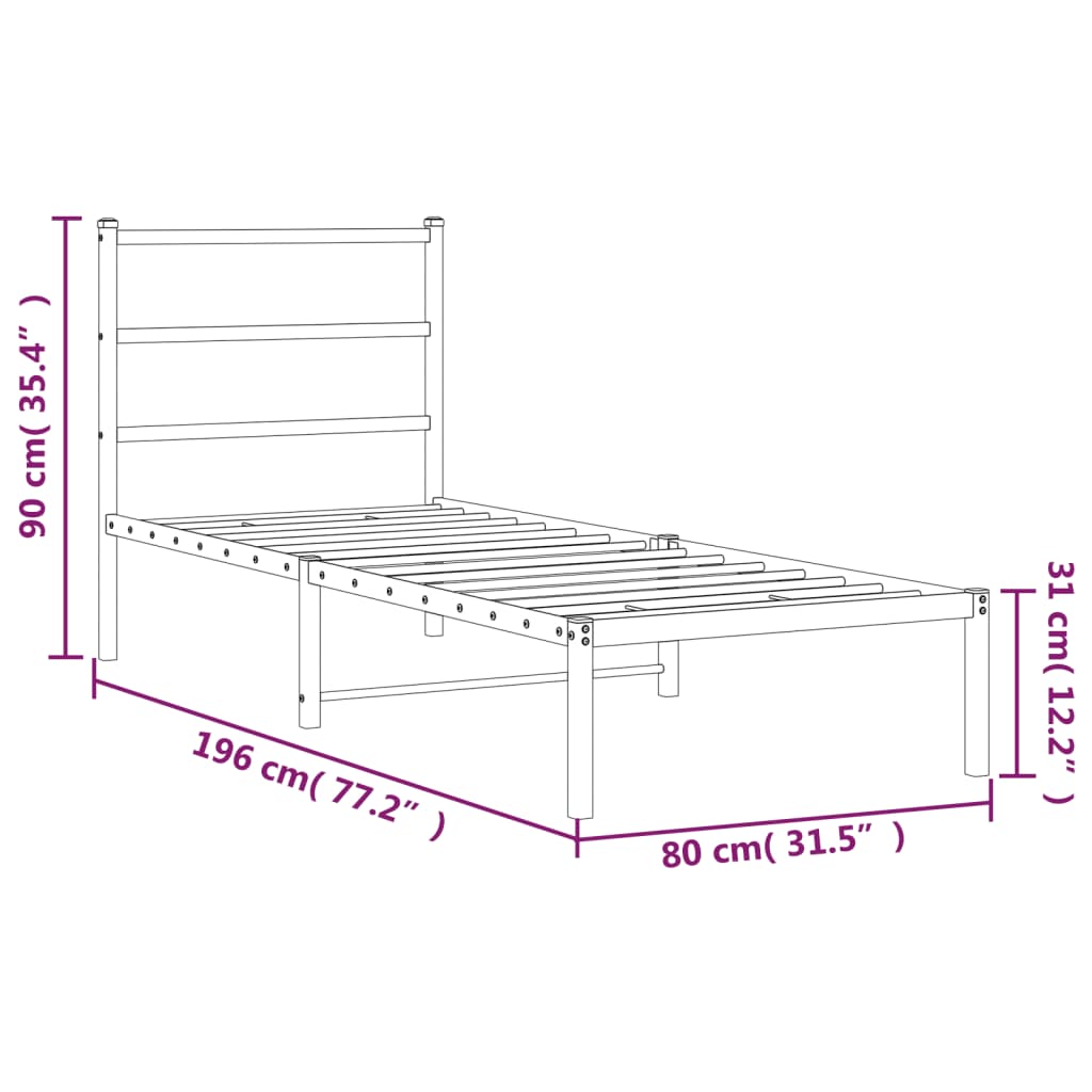 Black Metal Bed Frame with Headboard - 75x190cm, Mattress Not Included