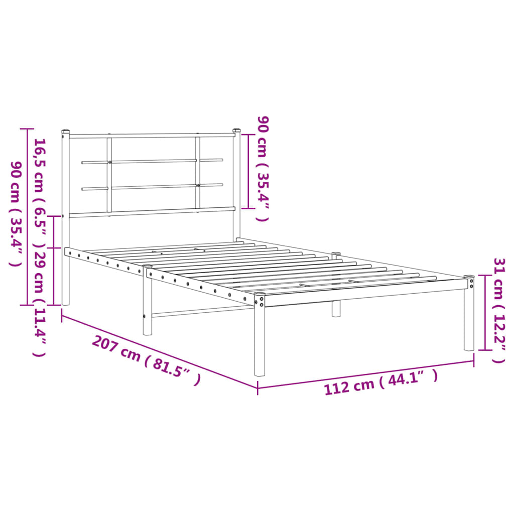 Sleek Black Metal Bed Frame with Headboard - 107x203cm