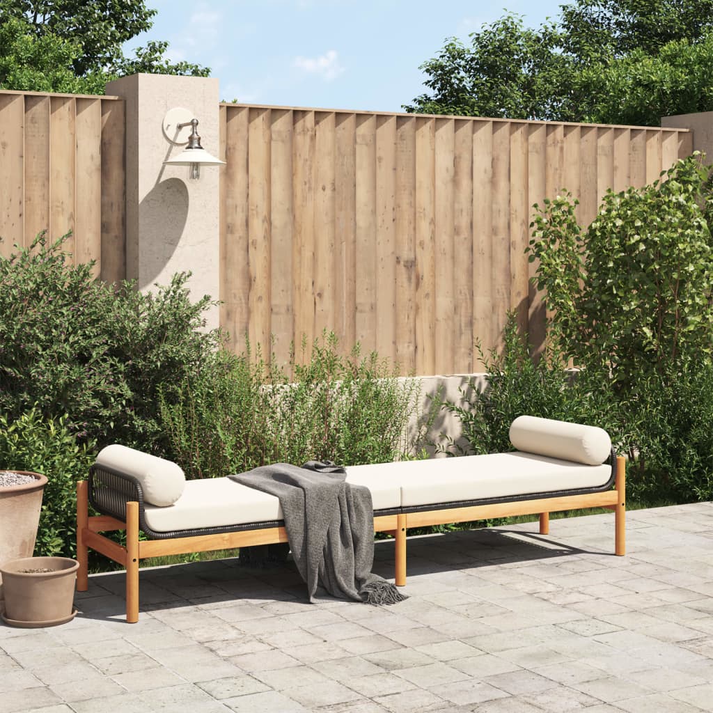 Black Poly Rattan & Acacia Garden Bench with Cushion