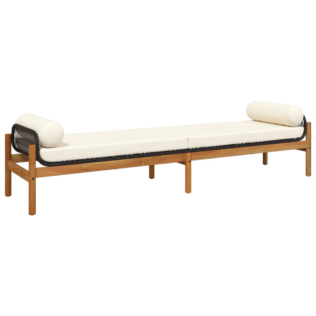 Black Poly Rattan & Acacia Garden Bench with Cushion
