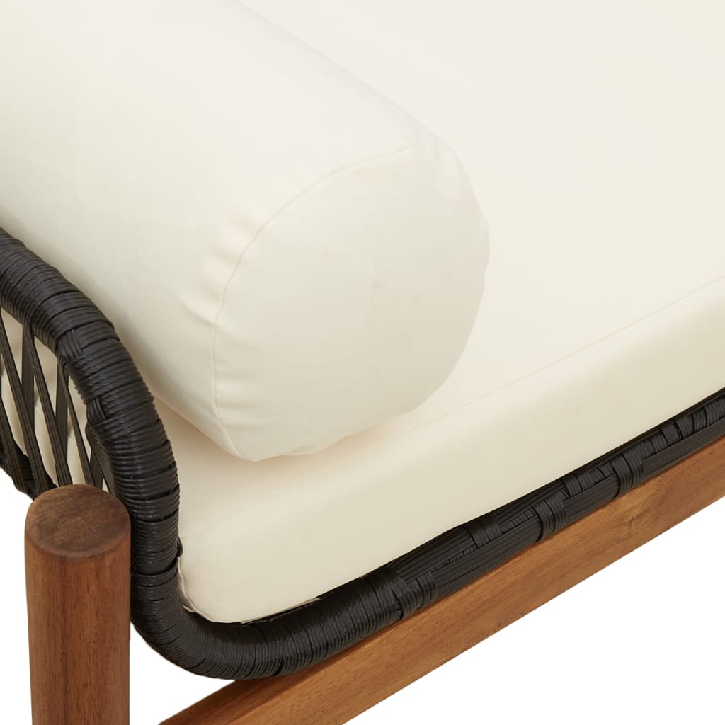 Black Poly Rattan & Acacia Garden Bench with Cushion